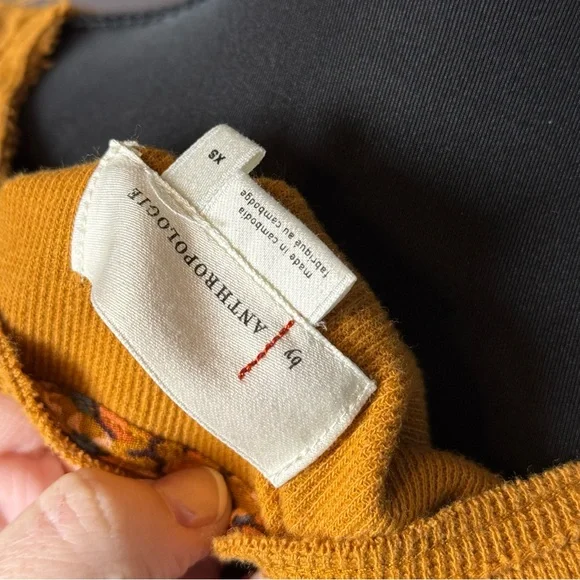 Anthropologie Mustard Waffle Knit Floral Sleeve Top | Boho | Size XS - Picture 5 of 5